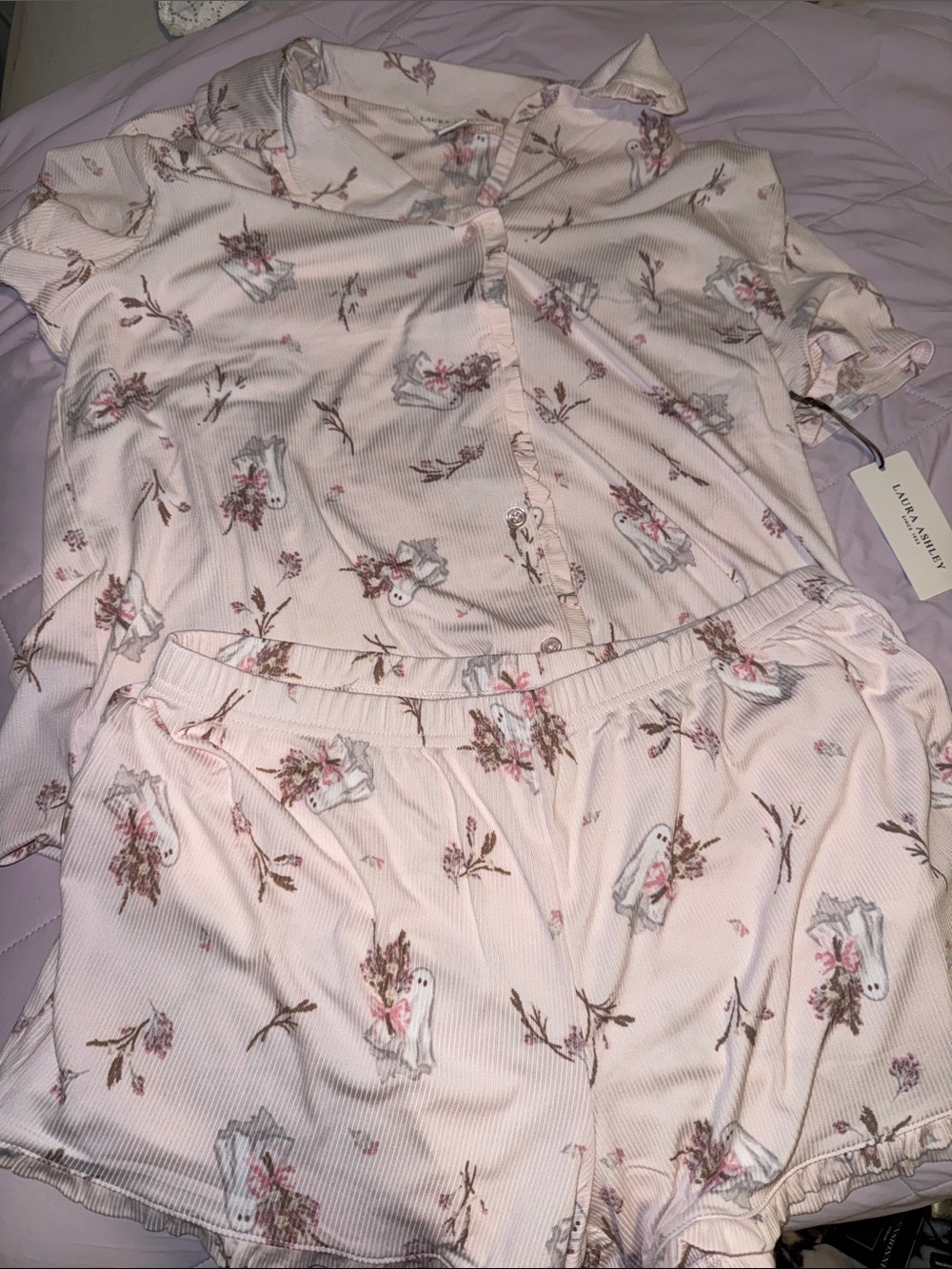 Laura Ashley Pink Floral Short Pajama Set with Button-Front Top